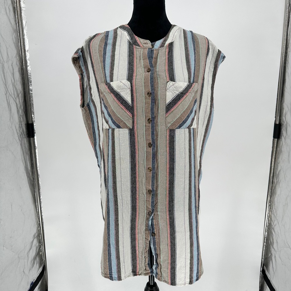 Soft Surroundings Sera Linen Blend Stripe Long Tunic Top Slits Lagenlook L - Picture 2 of 8